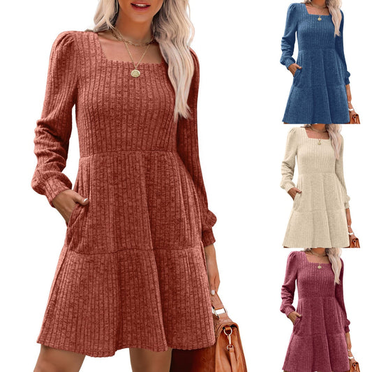 🍂2025 Autumn Women's Soft Ribbed Square Neck Dress | Lantern Sleeves for Timeless Autumnal Elegance!🍁