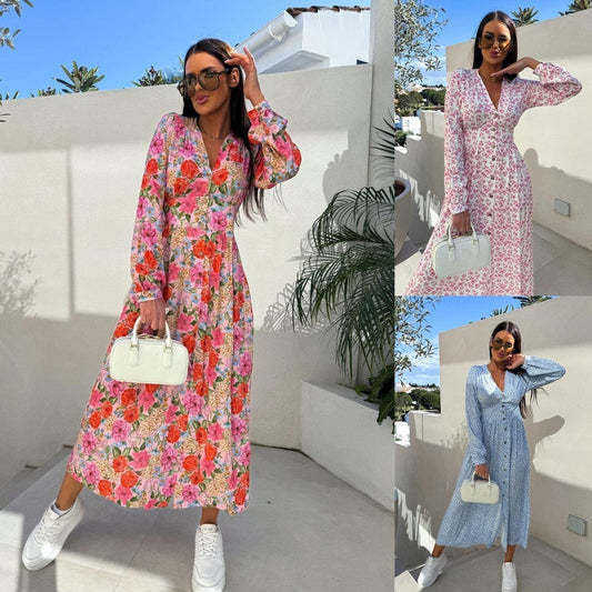 🌴Summer Specials🌴Fashion V-Neck Button Long Sleeve Floral Waist Dresses