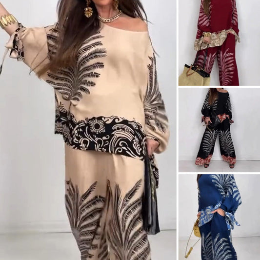 💖Limited Sale 50% OFF💖Women's Elegant Ethnic Style Printed Top Wide Leg Pants Set