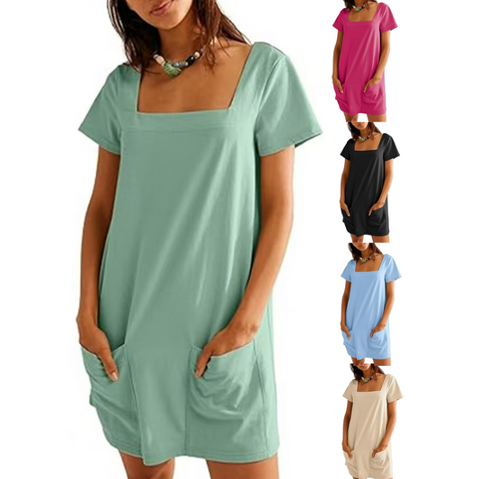 🌞 Summer Only! Square neck short-sleeved pocket dress ✨