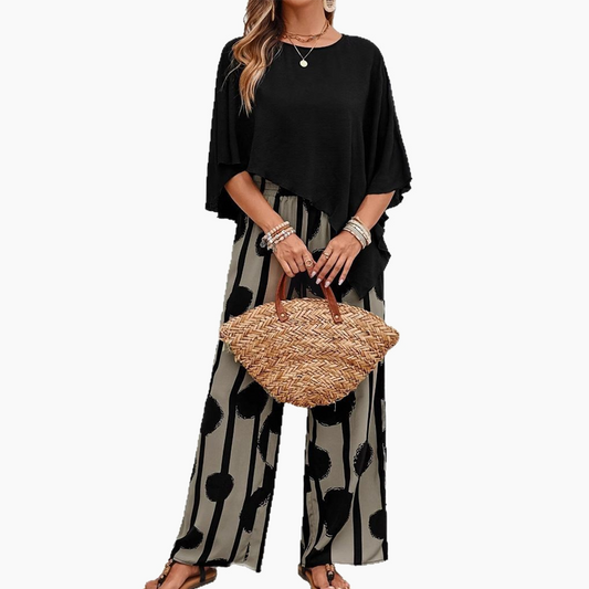 ⏰ 67% off for a limited time! 🌸 Five-quarter-sleeve top & printed trousers set