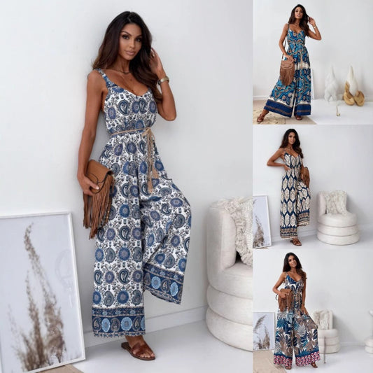 👗 Women's trend-printed open-back jumpsuit|tassel belt design, unlocking the sense of ✨ chic vibe