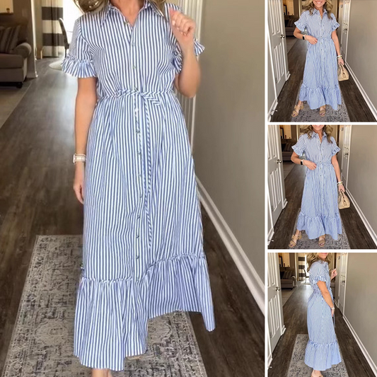 🌞Summer Sale👗Cool Breathable Blue & White Striped Ruffled Tie Dress