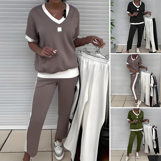 💜Women's Effortless Chic V-Neck Top & Pants Set - Everyday Essential