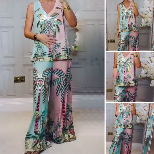 🌴 Tropical Coconut Tree Set – Lightweight Tank & Pants for Beach Vacays