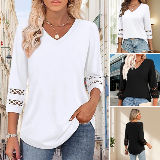 ✨ Classic Solid V-Neck Top with 3/4 Sleeves – Comfortable & Flattering for All Occasions