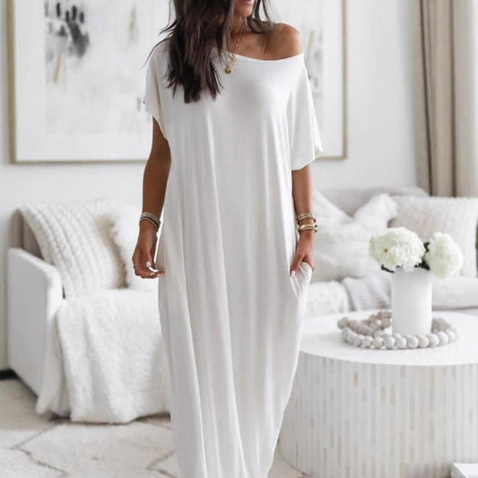 🌸 Loose Fit Solid Long Dress – Women's Short-Sleeve Summer Casual Vibe