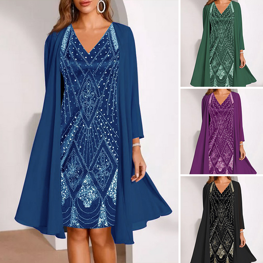 💃 Sheer Long Jacket & V-Neck Dress Set – Flattering Cut & Airy Fabric