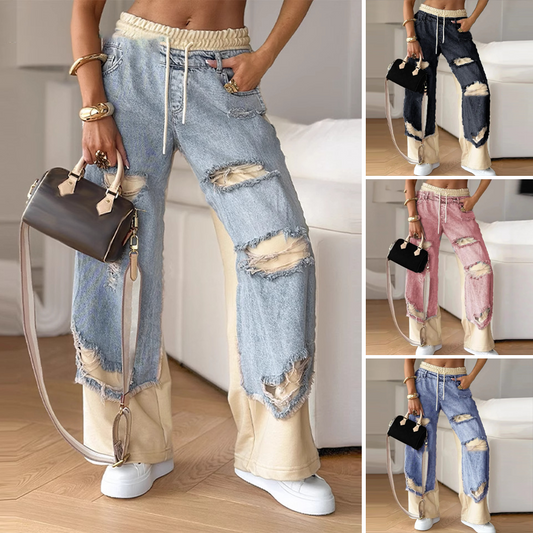 Elastic Drawstring Patchwork Denim Wide-Leg Pants 👖💫 – Stretchy Fit, Unique Patchwork Design, Comfy for All-Day Wear