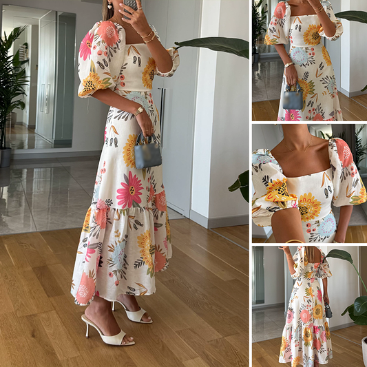 Women's Printed Puff Sleeve Dress ✨💨 – Square Neck & Waist-Cinching, Elegant Silhouette, Perfect for Parties & Casual Hangouts