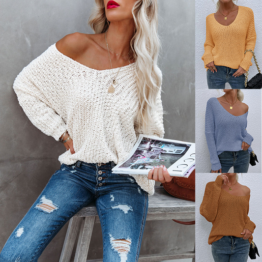 Women's Graceful Loose V-Neck Knit Pullover ✨ – Soft Fabric, Effortless Style for Daily/Office