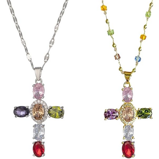 ✨Colorful Rhinestone Cross Pendant Necklace – Sparkly Statement Piece for Daily & Faith-Inspired Looks