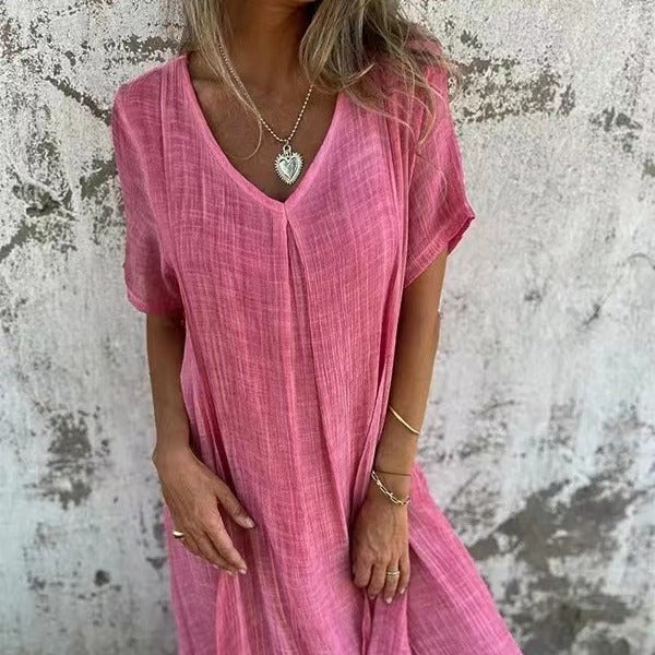 💃Big price reduction！✨Women's Loose V-neck Cotton Linen Dress✨