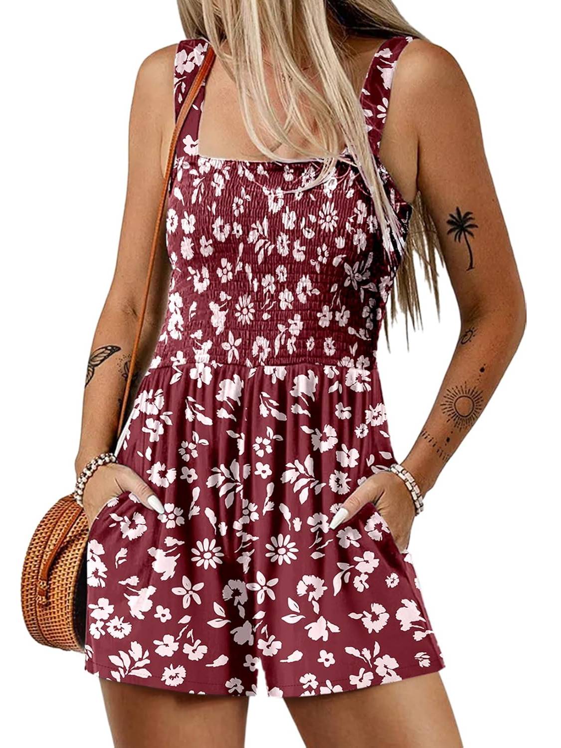 🌺Summer Hot Sale 65% OFF💐Women's Summer Square Neck Sleeveless Loose Casual Short Smocked Romper✨