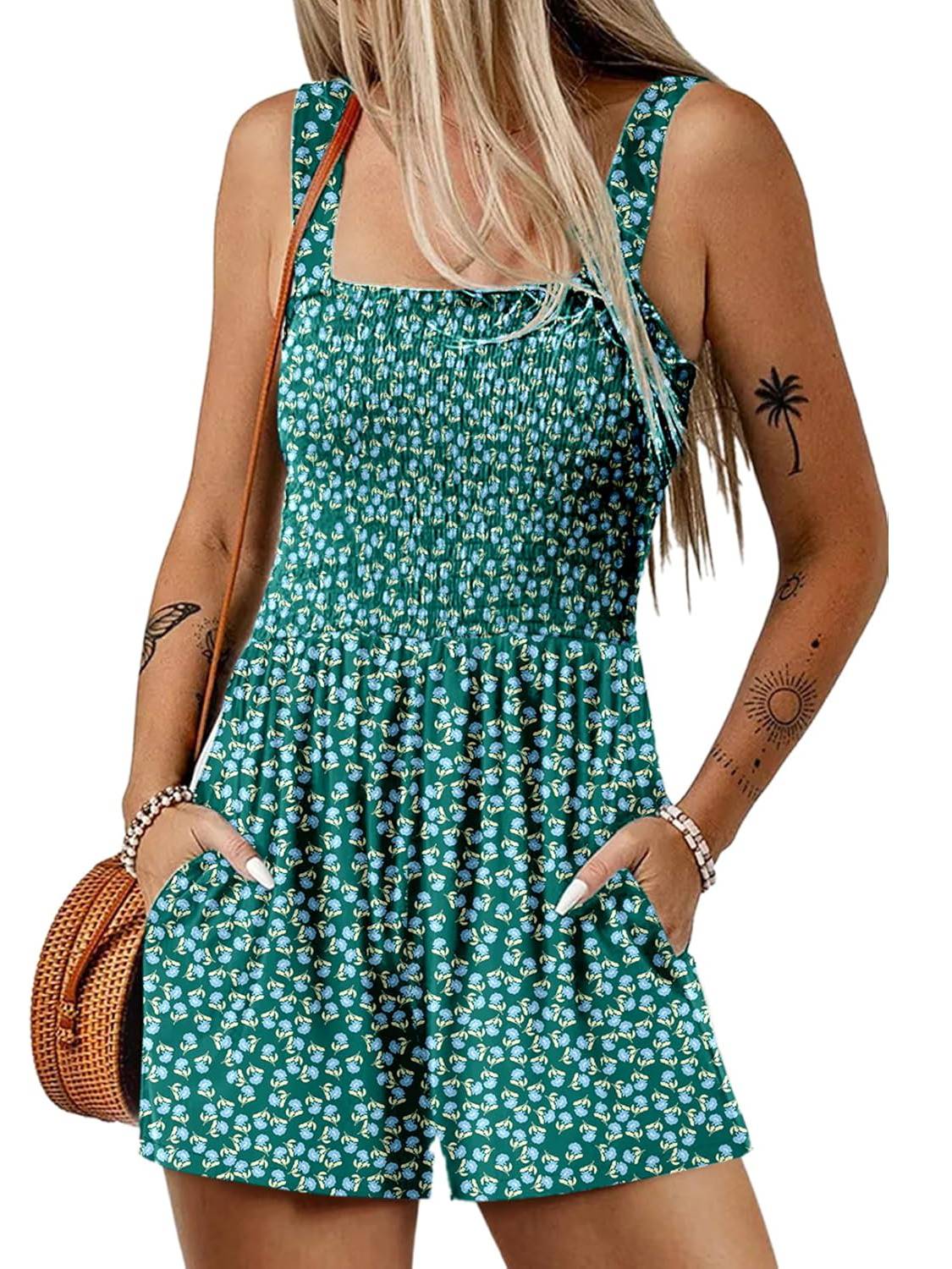 🌺Summer Hot Sale 65% OFF💐Women's Summer Square Neck Sleeveless Loose Casual Short Smocked Romper✨