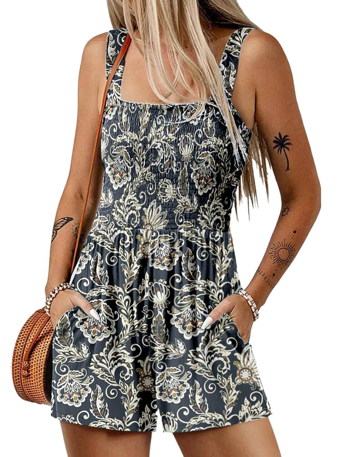 🌺Summer Hot Sale 65% OFF💐Women's Summer Square Neck Sleeveless Loose Casual Short Smocked Romper✨