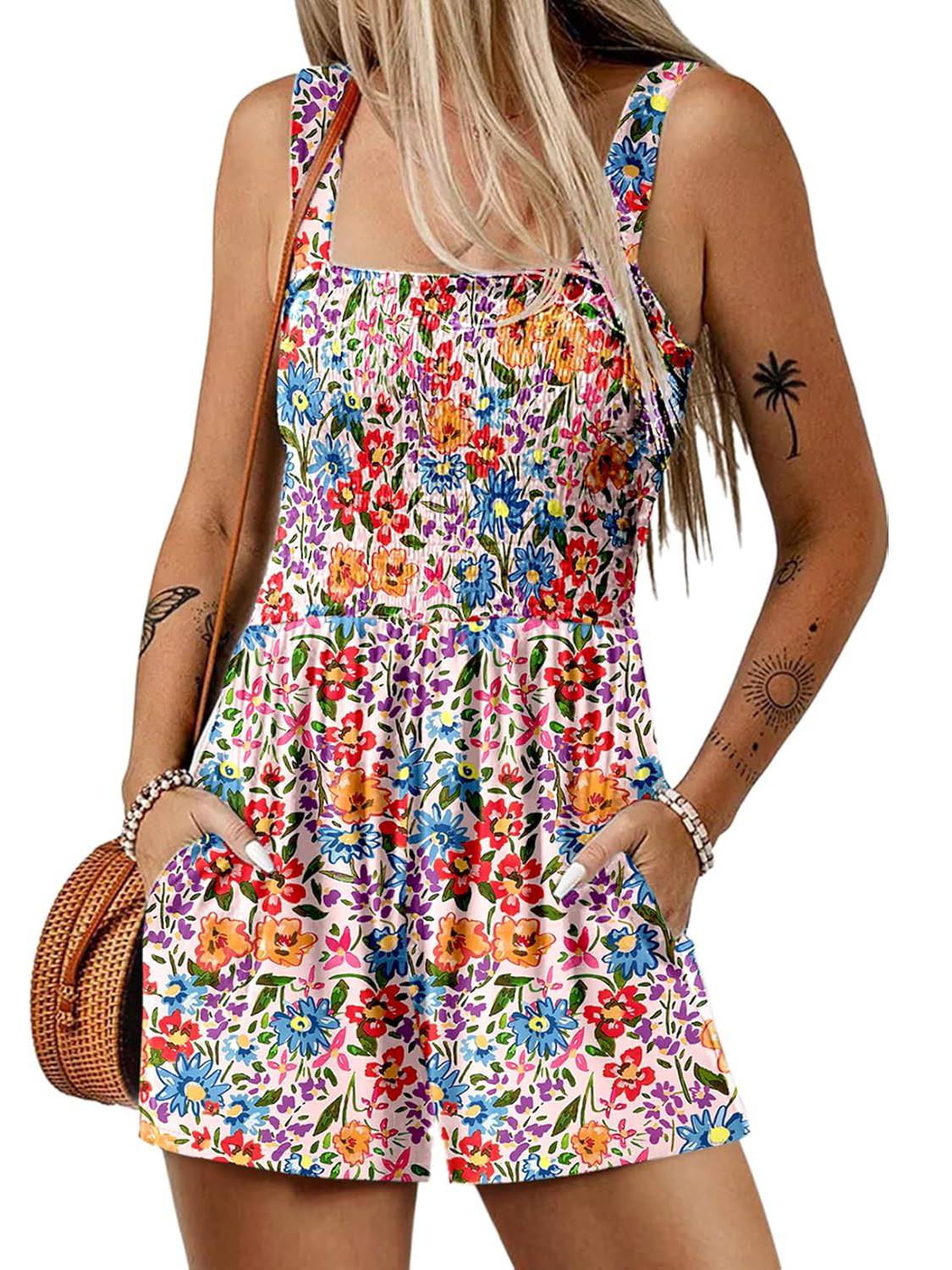 🌺Summer Hot Sale 65% OFF💐Women's Summer Square Neck Sleeveless Loose Casual Short Smocked Romper✨