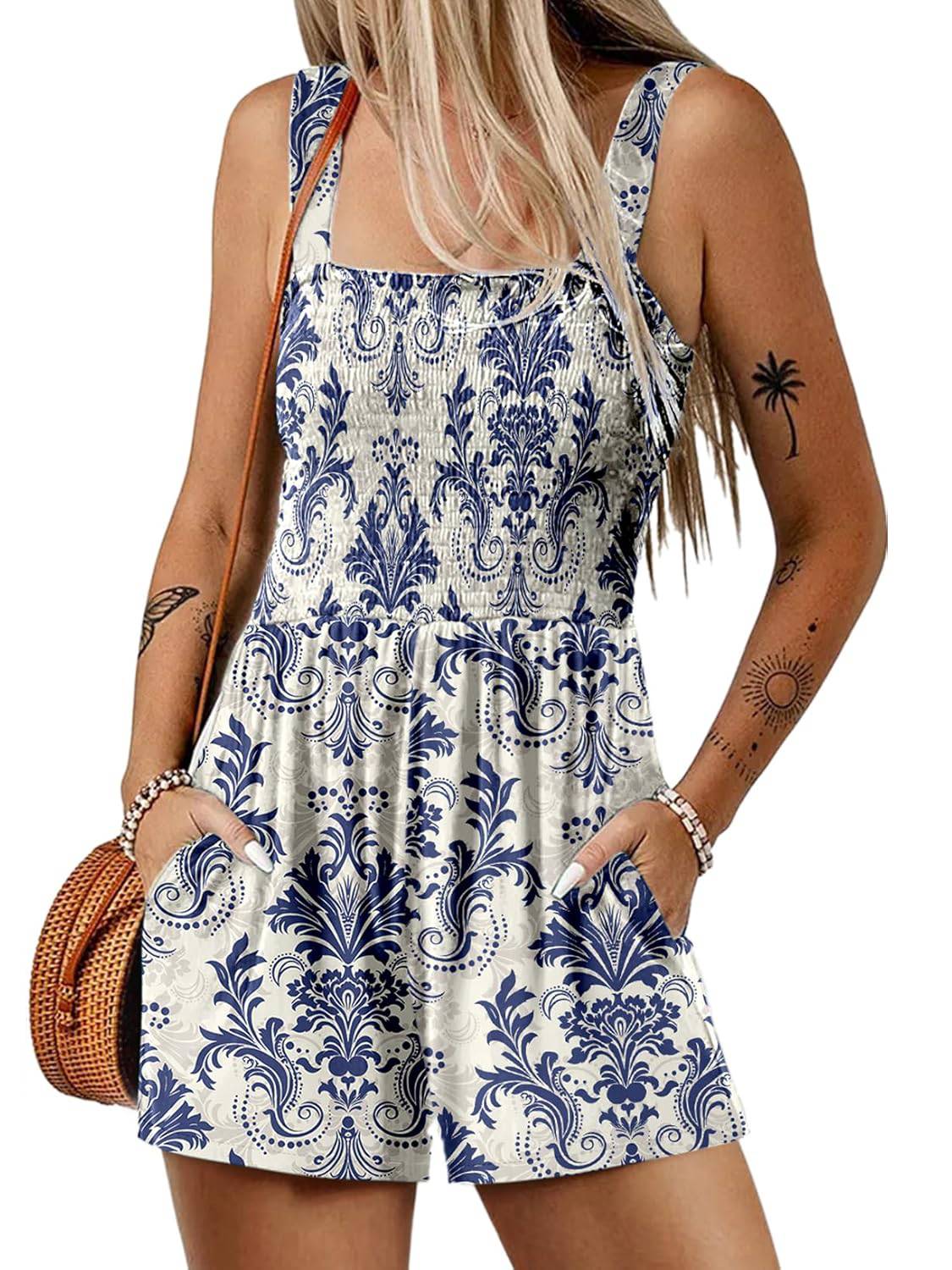 🌺Summer Hot Sale 65% OFF💐Women's Summer Square Neck Sleeveless Loose Casual Short Smocked Romper✨