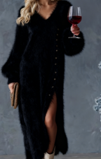 🦌 Festive Reindeer Side Slit Dress – Knit Comfort & Cute Holiday Print, Christmas Party Showstopper!