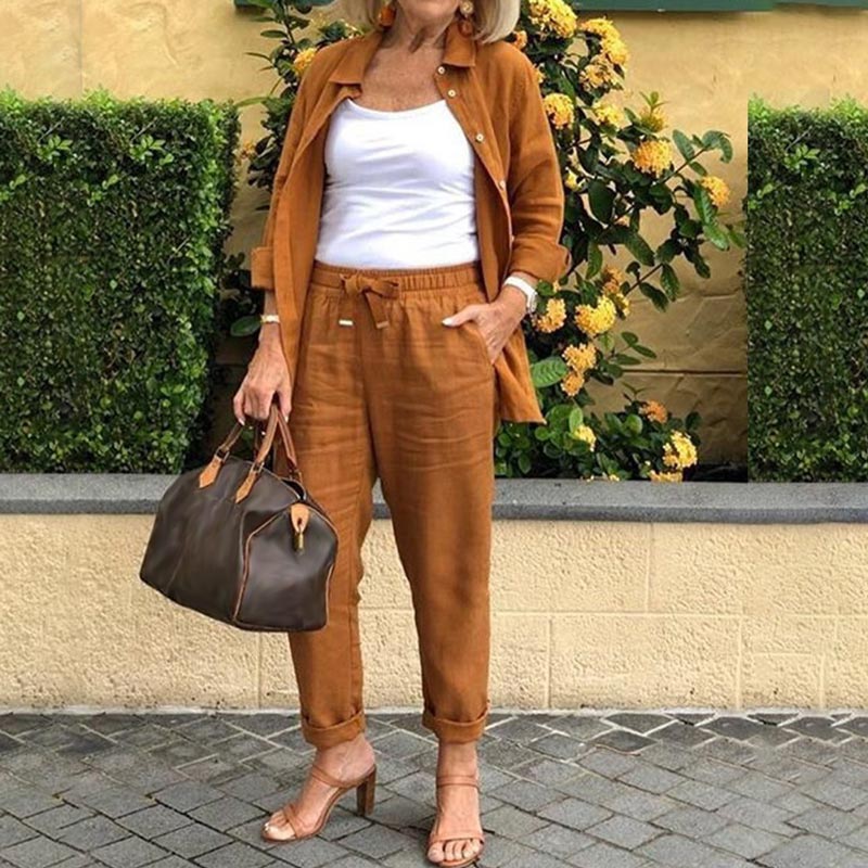 🧥+👖The choice of luxury! Women's cotton and linen long-sleeved top trouser set🎉