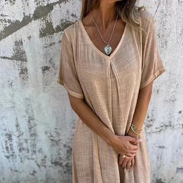 💃Big price reduction！✨Women's Loose V-neck Cotton Linen Dress✨