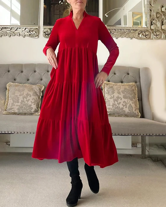 🎄Christmas Solid Color Pleated Midi Swing Dress – Soft Fabric, Elegant for Holiday Parties