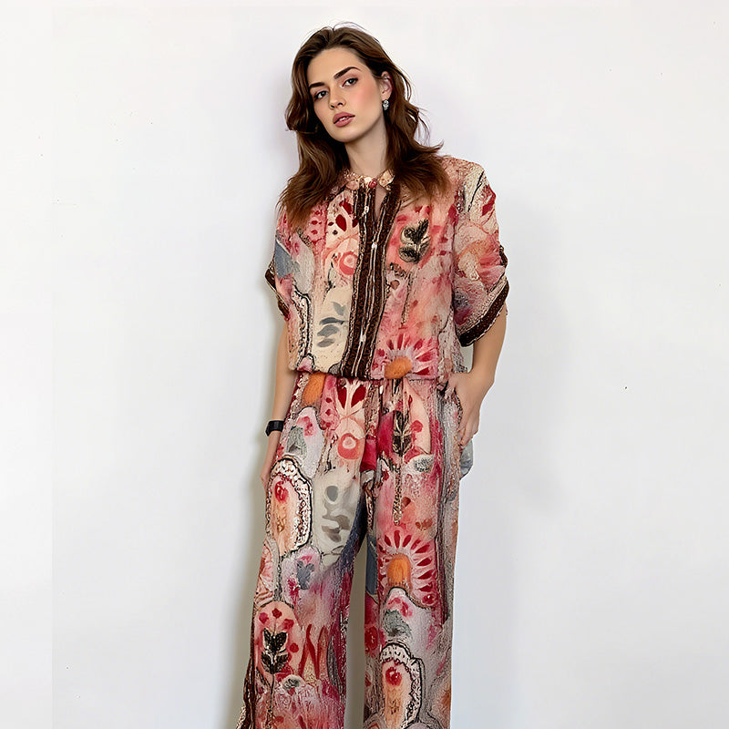 💜LAST DAY PROMOTION - 69%OFF💜Women's Printed Top & Wide Leg Pants 2-Piece Set