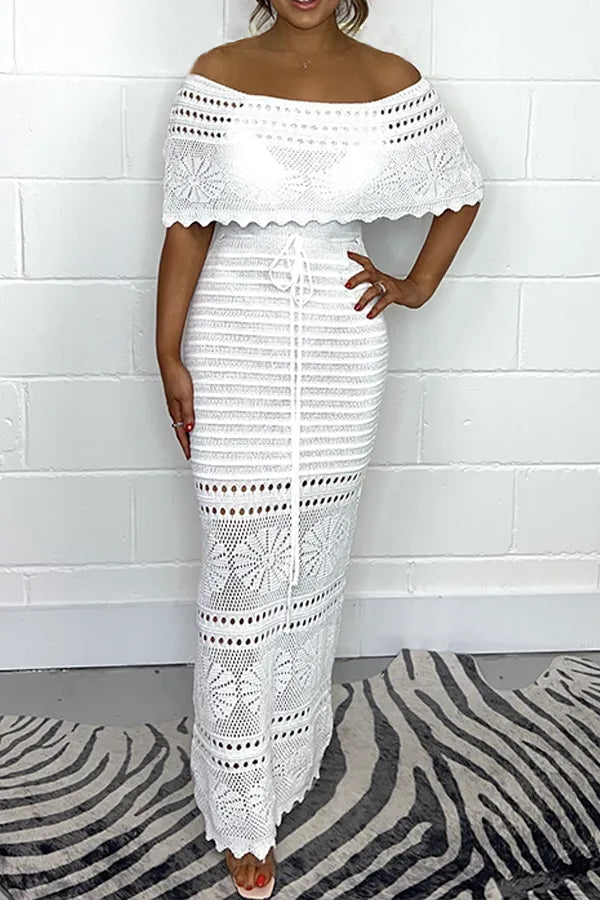 ✨Éclat Neuf ! Crochet off-the-shoulder knitted long gown|A flowing poem of French elegance