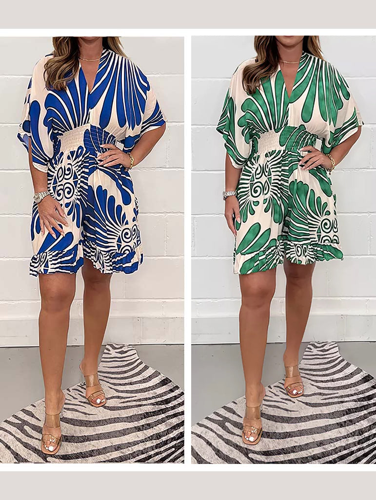 💕Last day! Only £12.98 - Women's Plant - Printed Casual Short Jumpsuit