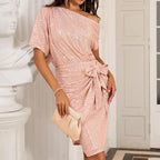 Party Showstopper! Sparkly One-Shoulder Ruched Dress – Slimming Texture + Head-Turning Glow ✨