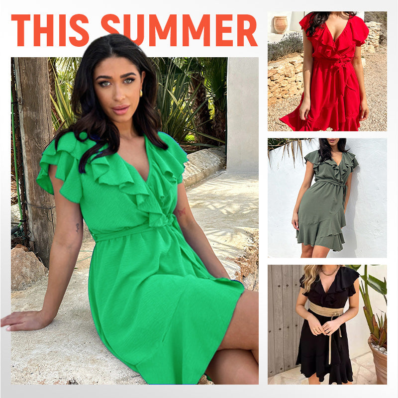 ⏰Final Hours! 50% Women's Elegant V Neck Ruffle Waist Dress✨