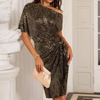 Party Showstopper! Sparkly One-Shoulder Ruched Dress – Slimming Texture + Head-Turning Glow ✨