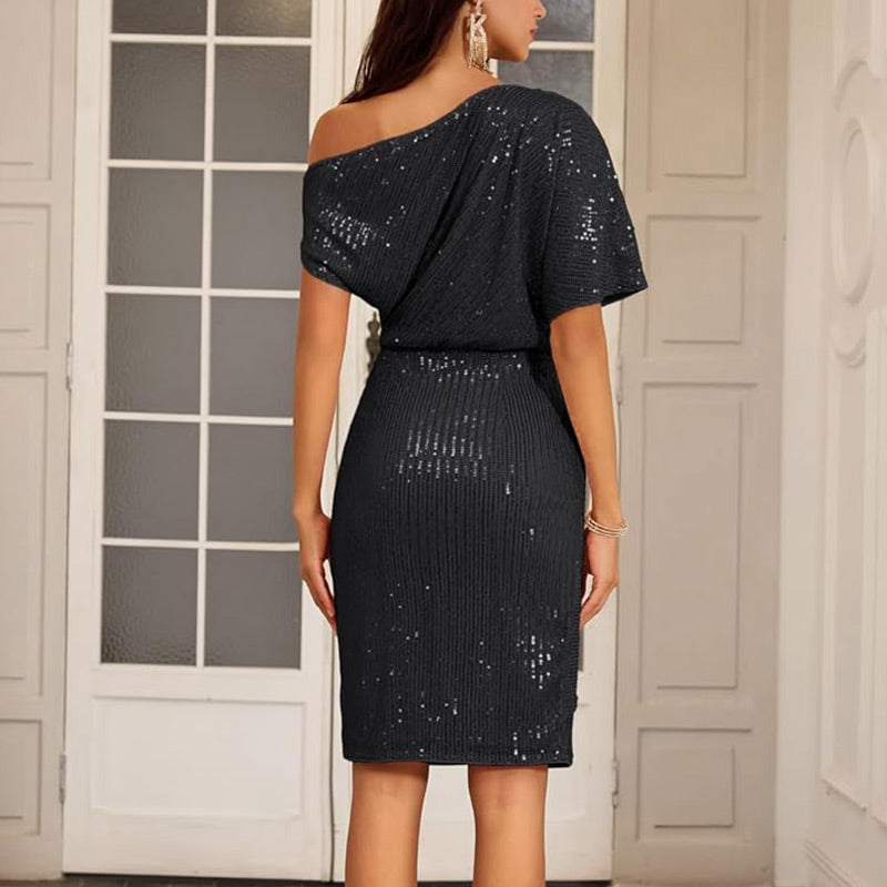 Party Showstopper! Sparkly One-Shoulder Ruched Dress – Slimming Texture + Head-Turning Glow ✨