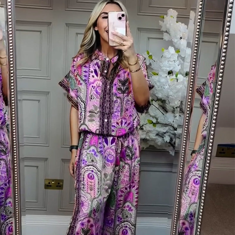 💜LAST DAY PROMOTION - 69%OFF💜Women's Printed Top & Wide Leg Pants 2-Piece Set