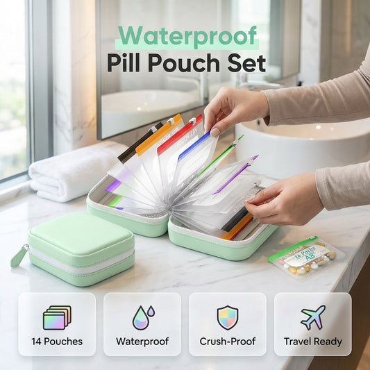 🥳2026 HOT SALE🥳💞50.000+ VERKAUFT! 💊🧳 50% RABATT! A8 Waterproof Pill Pouch Set – 14 farbcodierte Beutel, wasserdichte und quetschfeste Hülle. Fasst 7–14 Tage Medikamente – perfekt für Reisen und tägliche Routinen! 🗓️✨