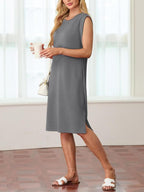 🔥Summer Sale 49% OFF💥Women Round Neck Loose Split Wrinkle-Free Midi Dress with Pockets | Split Hem Airflow Design