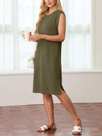 🔥Summer Sale 49% OFF💥Women Round Neck Loose Split Wrinkle-Free Midi Dress with Pockets | Split Hem Airflow Design