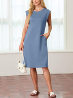 🔥Summer Sale 49% OFF💥Women Round Neck Loose Split Wrinkle-Free Midi Dress with Pockets | Split Hem Airflow Design