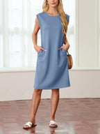 🔥Summer Sale 49% OFF💥Women Round Neck Loose Split Wrinkle-Free Midi Dress with Pockets | Split Hem Airflow Design