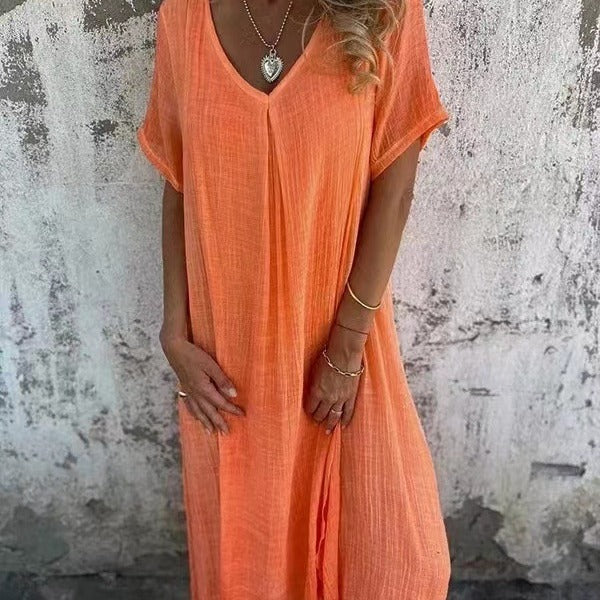 💃Big price reduction！✨Women's Loose V-neck Cotton Linen Dress✨
