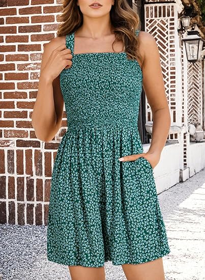 🌺Summer Hot Sale 65% OFF💐Women's Summer Square Neck Sleeveless Loose Casual Short Smocked Romper✨