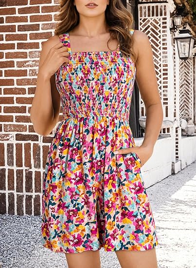 🌺Summer Hot Sale 65% OFF💐Women's Summer Square Neck Sleeveless Loose Casual Short Smocked Romper✨