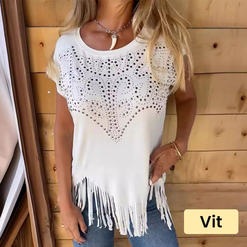 💥 Special sale 👚 women's solid color short sleeve t-shirt with hot print and frayed hem