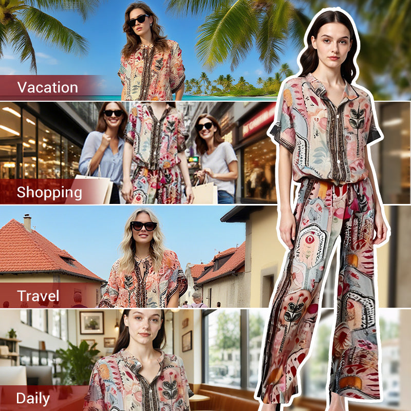 💜LAST DAY PROMOTION - 69%OFF💜Women's Printed Top & Wide Leg Pants 2-Piece Set