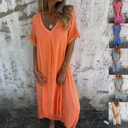 💃Big price reduction！✨Women's Loose V-neck Cotton Linen Dress✨