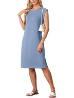 🔥Summer Sale 49% OFF💥Women Round Neck Loose Split Wrinkle-Free Midi Dress with Pockets | Split Hem Airflow Design