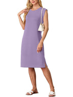 🔥Summer Sale 49% OFF💥Women Round Neck Loose Split Wrinkle-Free Midi Dress with Pockets | Split Hem Airflow Design