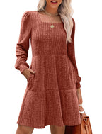 🍂2025 Autumn Women's Soft Ribbed Square Neck Dress | Lantern Sleeves for Timeless Autumnal Elegance!🍁