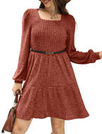 🍂2025 Autumn Women's Soft Ribbed Square Neck Dress | Lantern Sleeves for Timeless Autumnal Elegance!🍁