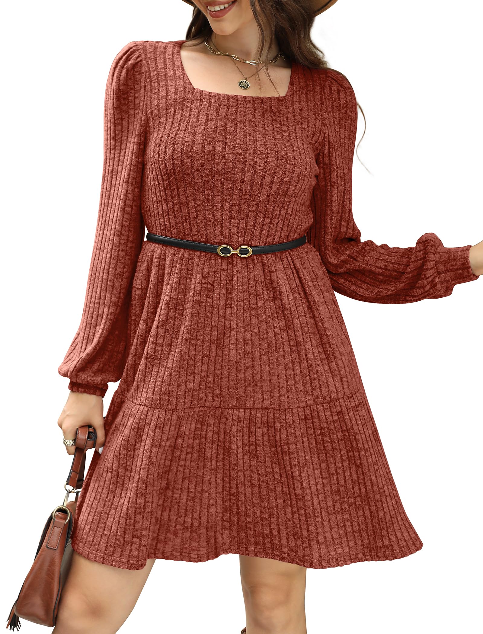 🍂2025 Autumn Women's Soft Ribbed Square Neck Dress | Lantern Sleeves for Timeless Autumnal Elegance!🍁